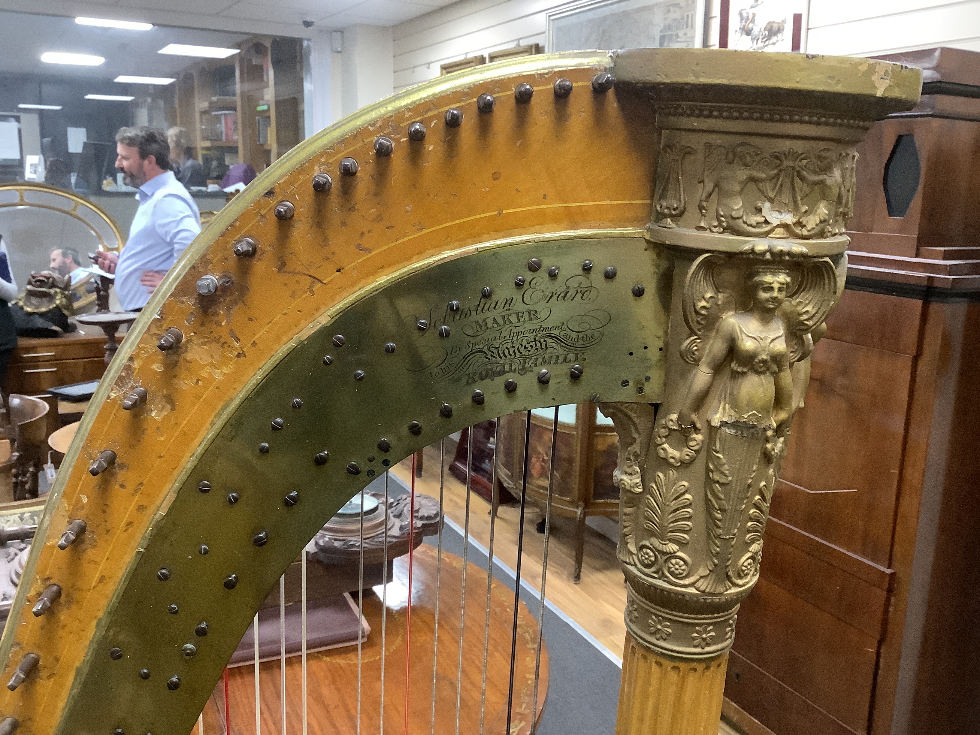 A seven pedal harp by Sebastian Erard, 18 Great Marlborough St. London, Patent N4164, cedar soundboard, fluted pillar with gilt Classical style capital, 170.5cm high